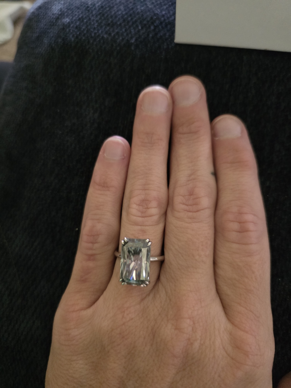9 Carat Grey Moissanite  Emerald-cut & Sterling Silver Ring-size 8
